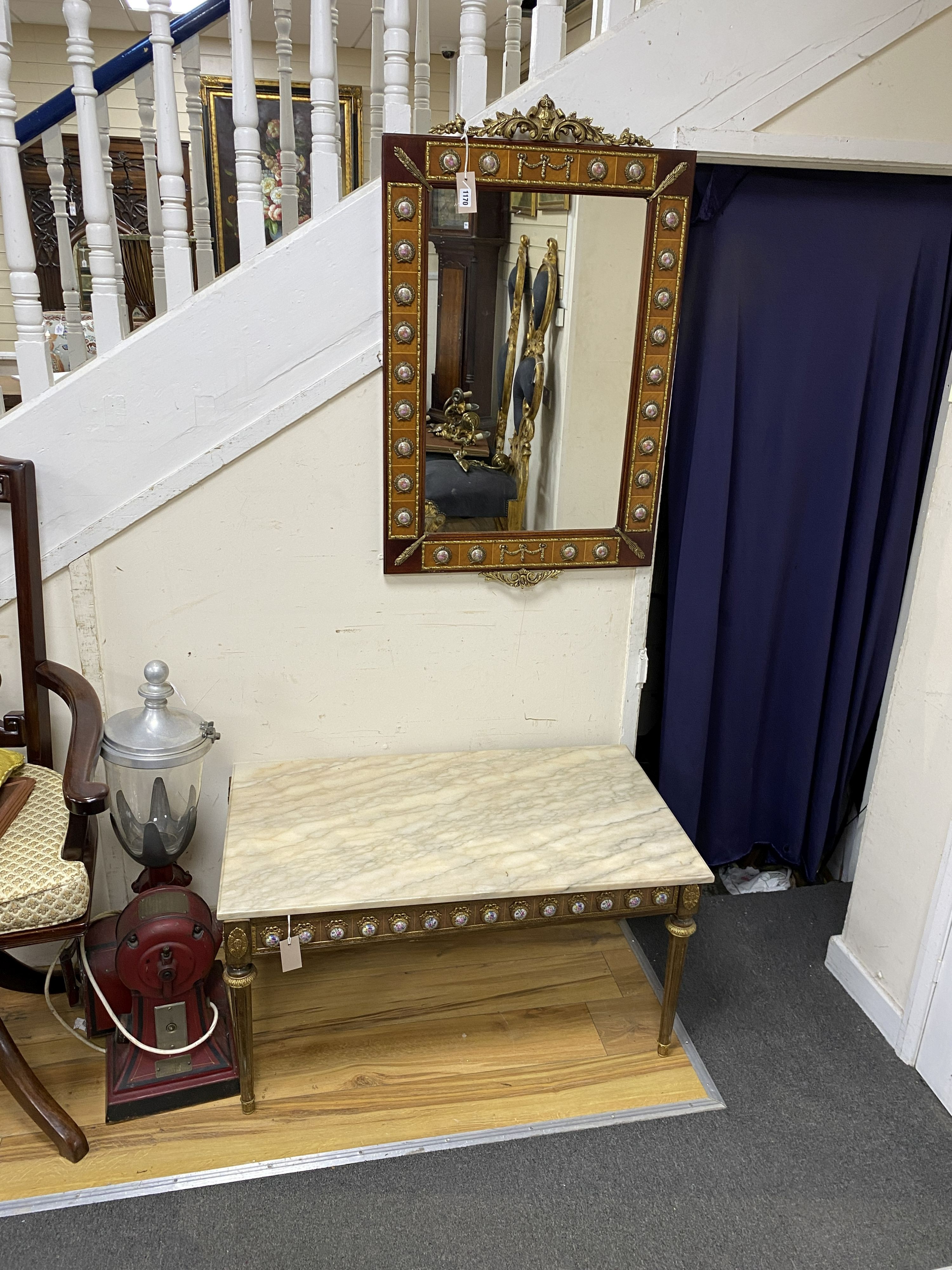 A Louis XVI style rectangular walnut, gilt metal and porcelain mounted mirror, width 60cm, height 90cm together with a similar marble topped coffee table